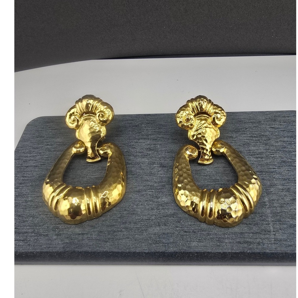 Vintage Avon Barrera Door Knocker Earrings Gold Tone Hammered Clip On 2"